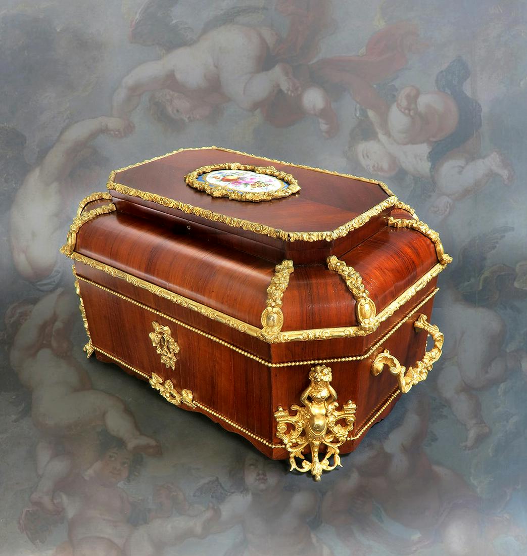 19th C. Napoleon III Tulip-wood Bronze Sevres Large Box (1 of 6)