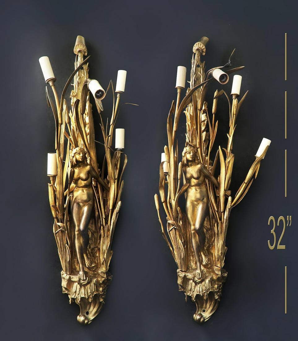 Large 19th C French Pair of Bronze Figural Wall Sconces (1 of 1)