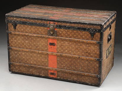 VINTAGE LOUIS VUITTON WOOD & METAL STRAPPED HINGE-TOP STEAMER TRUNK - Helen  Storey Antiques