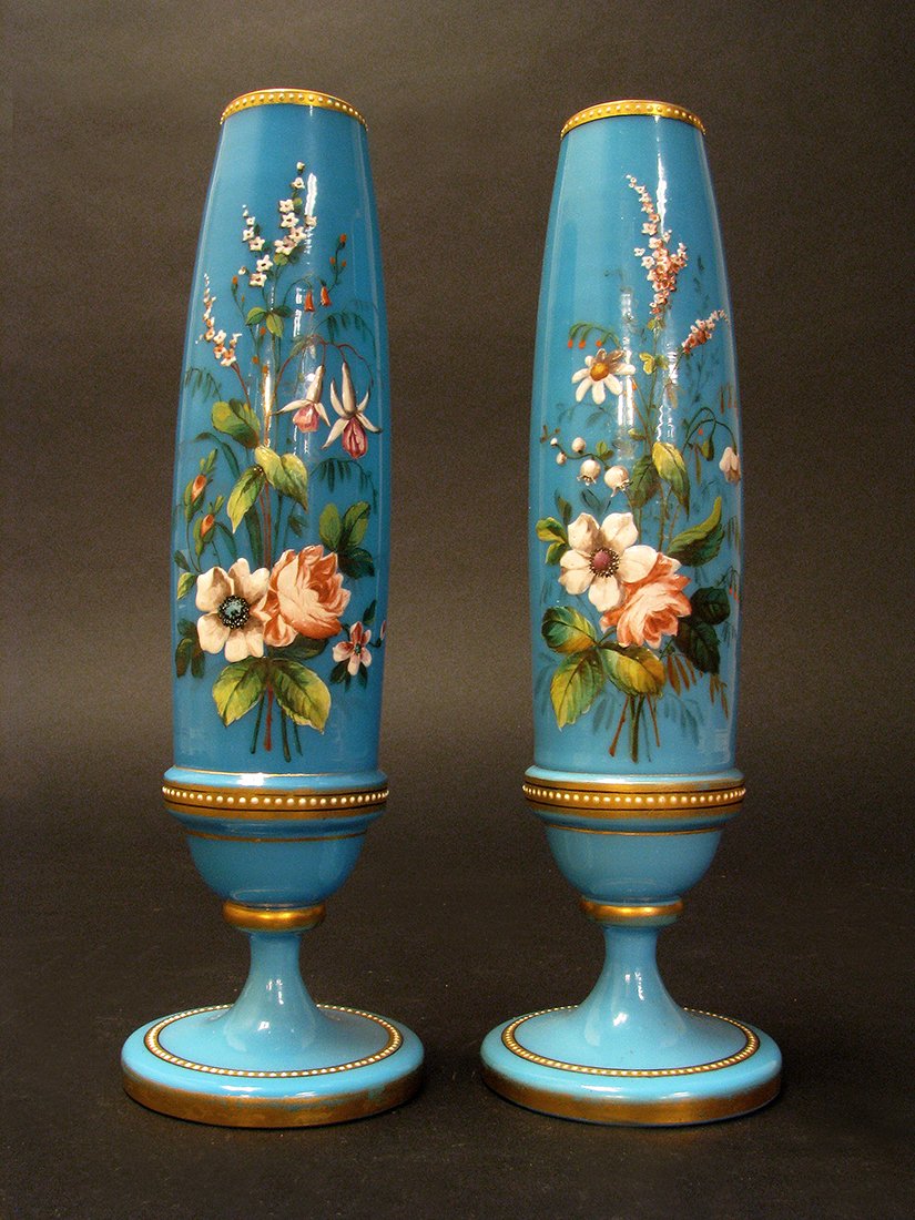 19th C. Pair of Hand Painted Blue Opaline Vases (1 of 6)
