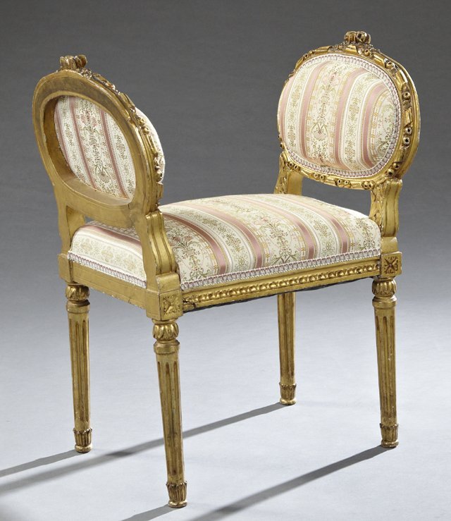 Louis XVI Style Gilt Carved Mahogany Vanity Bench,