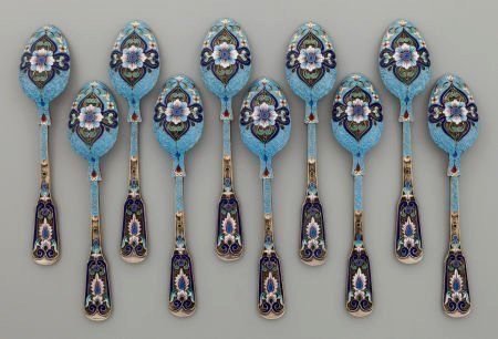 SET OF TEN 19TH CENTURY RUSSIAN SILVER ENAMEL SPOONS (1 of 3)