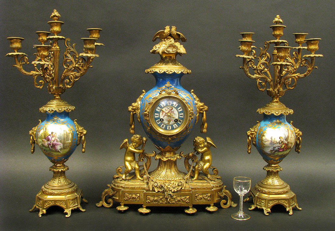 19th C. French Bronze and Sevres Porcelain Clock Set (1 of 10)