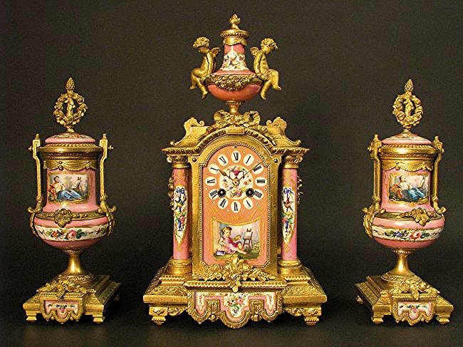 Magnifient 19th C. Ph. Morey Pink Sevres Clock Set (1 of 10)