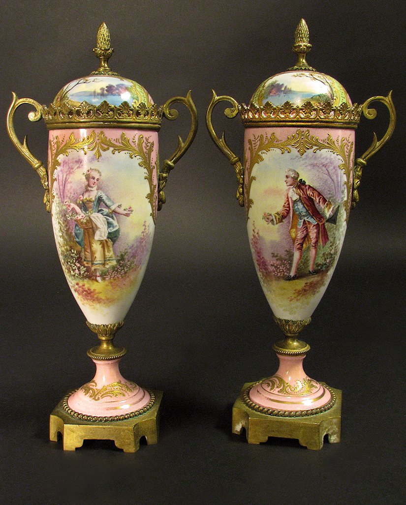 Pair Sevres style ormolu-mounted porcelain urns (1 of 3)