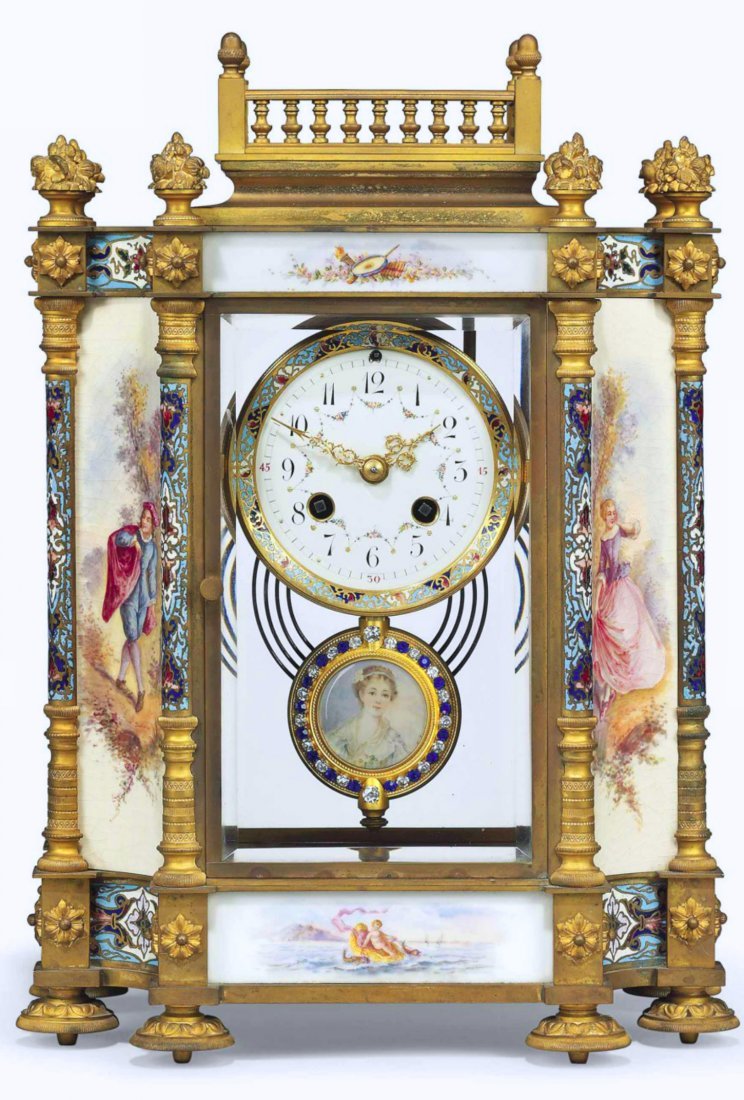 French Champleve Enamel Bronze & Porcelain Mantel Clock (1 of 1)
