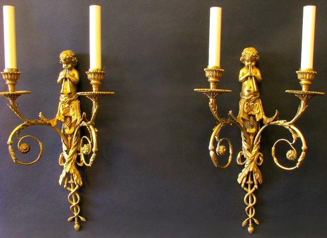 Very Fine 19th C. Pair of Gilt Bronze Figural Scones (1 of 9)