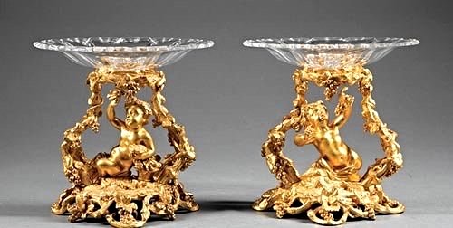 Pair of French Gilt Bronze & Crystal Figural Tazze (1 of 1)