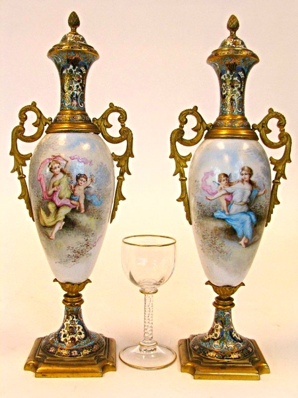 Pair of 19th C Enamel Champleve Hand Painted Urns (1 of 10)