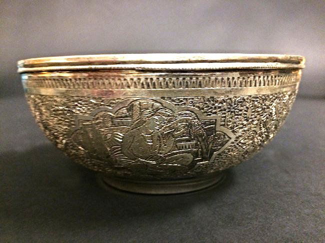 Persian Antique 84% Silver Bowl: Persian (Iranian) antique silver bowl hallmarked 84. Hand engraved, hand hammered in Iran during the era on the Shah, Pahlavi Dynasty. H: 2" D:: 4-58" 170grams