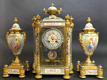 Magnificent French Champleve Enamel Clock Set: Magnificent French Sevres & Champleve Enamel Bronze Mounted Clock Set