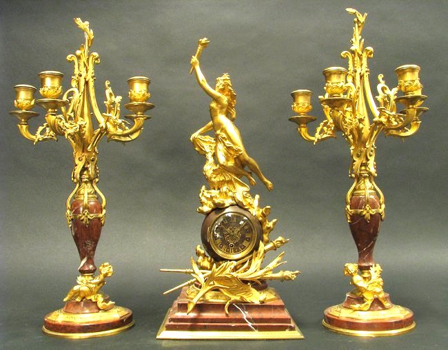 Magnificent Rouge Marble and Gilt Bronze Clock Set (1 of 10)