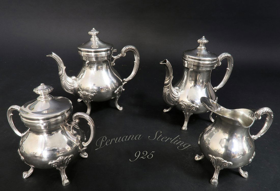 Set of Peruana Sterling Silver Tea Set: Set of Peruana Sterling Silver Tea Set. H: 7-1/2" 1057grams