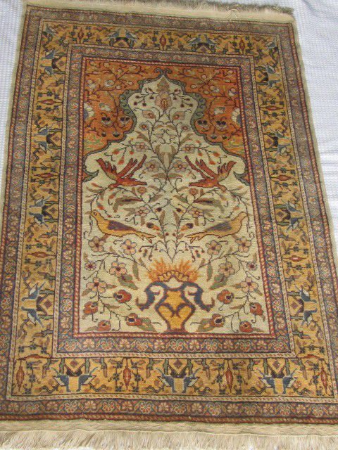 Semi-Antique Pictorial Silk Turkish Rug: Semi-Antique Pictorial Handwoven 100 percent pure silk rug. Handmade in Turkey. In great condition. Size: 56 x 35 inches.