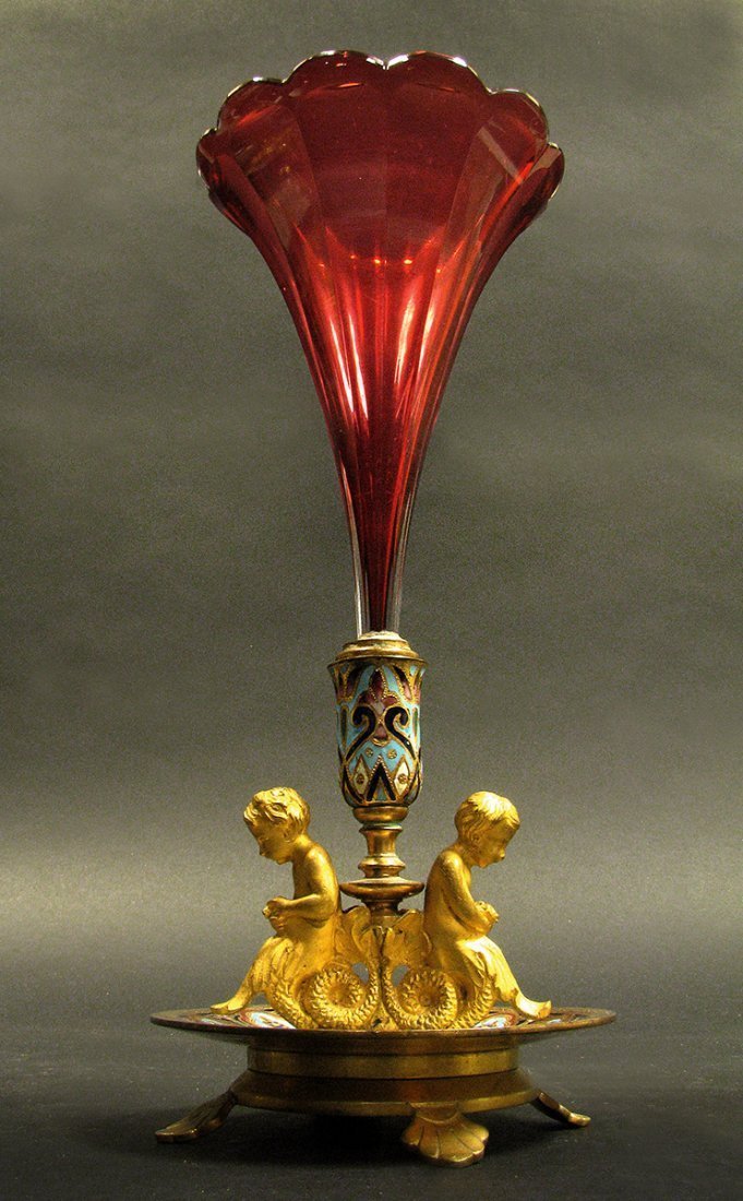 19th C. French Champleve Baccarat Vase/ Centerpiece (1 of 5)