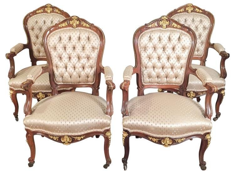 Set Of 4 French Walnut & Bronze Armchairs, 19TH C. (1 of 4)