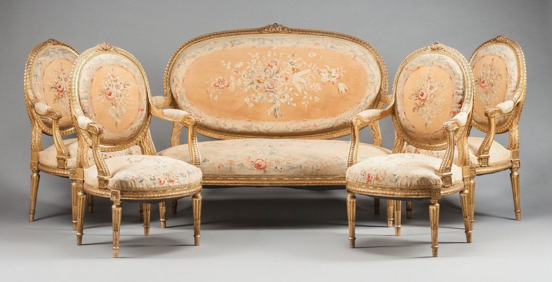 An Aubusson Tapestry Five Piece Gilt Wood Salon Set (1 of 2)