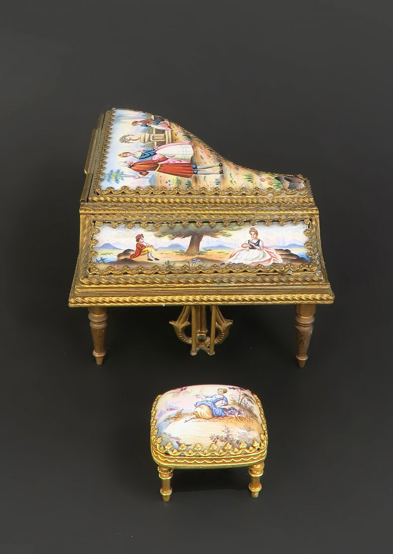 19th C. Viennese Enamel Bronze Miniature Piano & Stool (1 of 3)