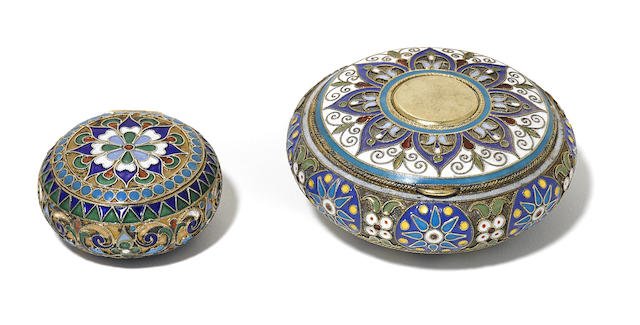 2 Russian Silver and Cloisonné Enamel Circular boxes: Two Russian silver-gilt and cloisonné enamel circular boxesby various makers, late 19th-early 20th centuryThe larger by Brothers Grachev, St. Petersburg, 88 standard, the smaller maker's mark 'WU', M