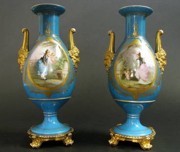 Pair of 19th C. Sevres Hand Painted Porcelain Urns: Pair of 19th C. French Sevres Hand Painted Porcelain UrnsH: 12.1/2" D: 5.3/4"