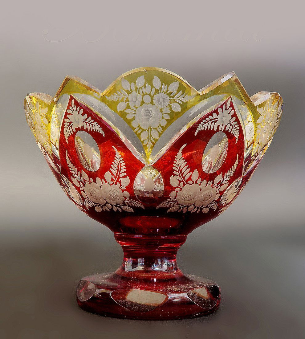 Bohemian Moser Glass Vase 2 Color Etched Ruby and Amber (1 of 2)