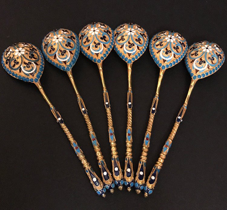 Russian silver 84 enamel.spoons 6 pc (1 of 4)