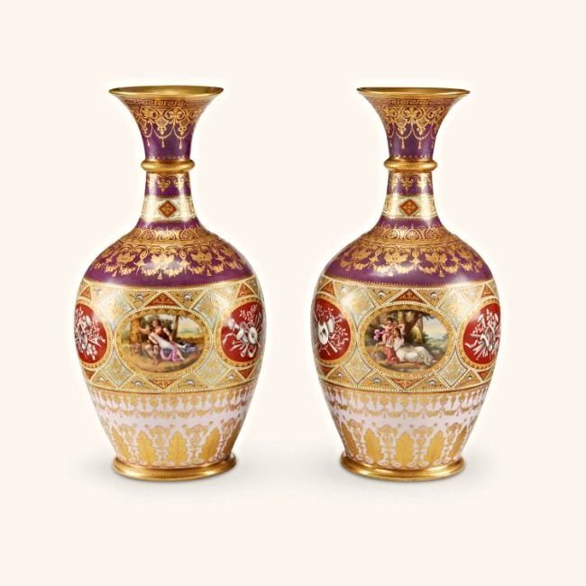 Pair of 19th C. Hand Painted Royal Vienna Jeweled Vases (1 of 1)