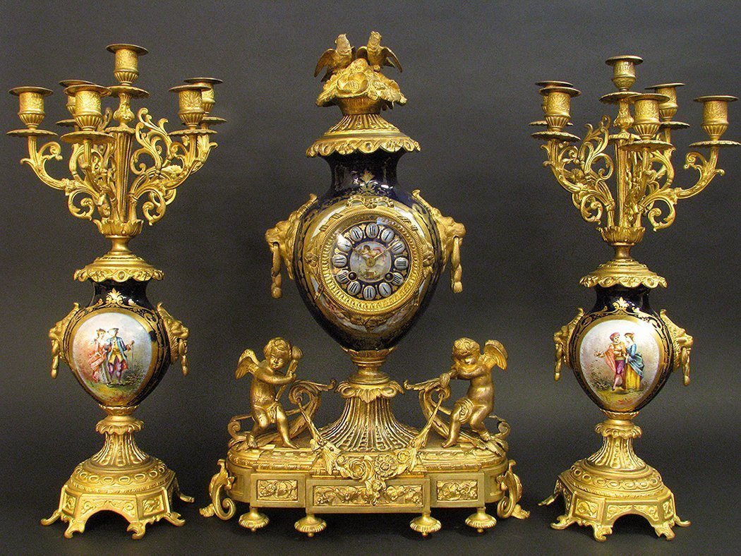 19th C. Cobalt Blue Sevres Style Clock Set (1 of 8)