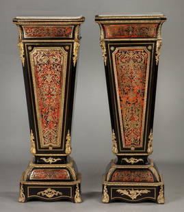 Pair of Boulle and Ebonized Pedestals: Pair of Boulle and Ebonized Pedestals. 19th cent. Gilt bronze mounts and marble tops (old replacements). Ht. 48" W 18" D 14".