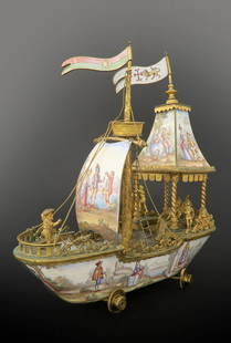 19th C. Very Large Austrian/Viennese Enamel Boat: 19th C. Very Large Austrian/Viennese Enamel on Bronze Boat Height: 8.5 inches Length: 7.5 inches Depth: 3.3 inches