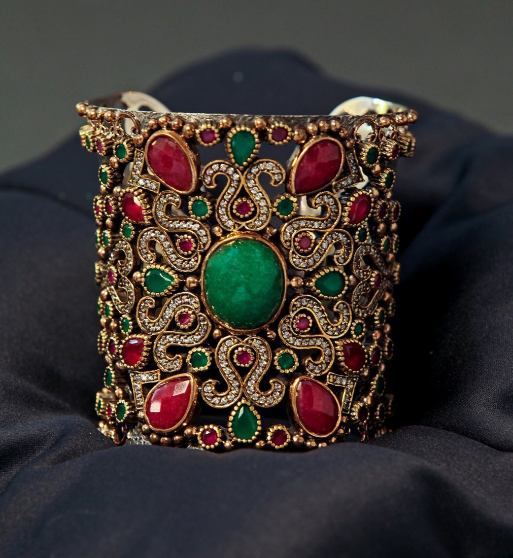 Antique Silver & Gold Jeweled Enameled Bracelet (1 of 4)