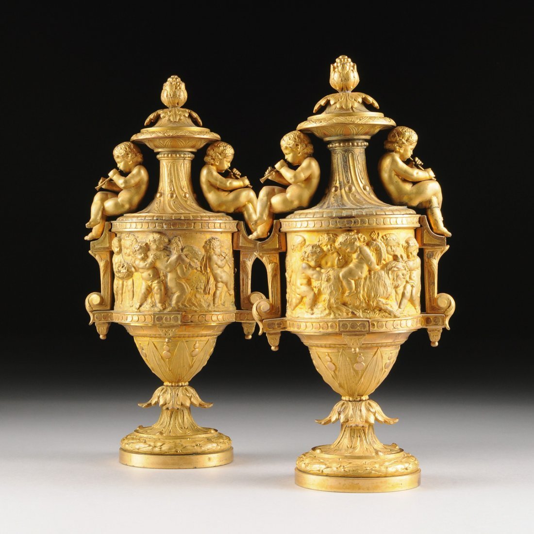Pair of 19th C Gilt Bronze Figural Covered Urns/Vases (1 of 10)