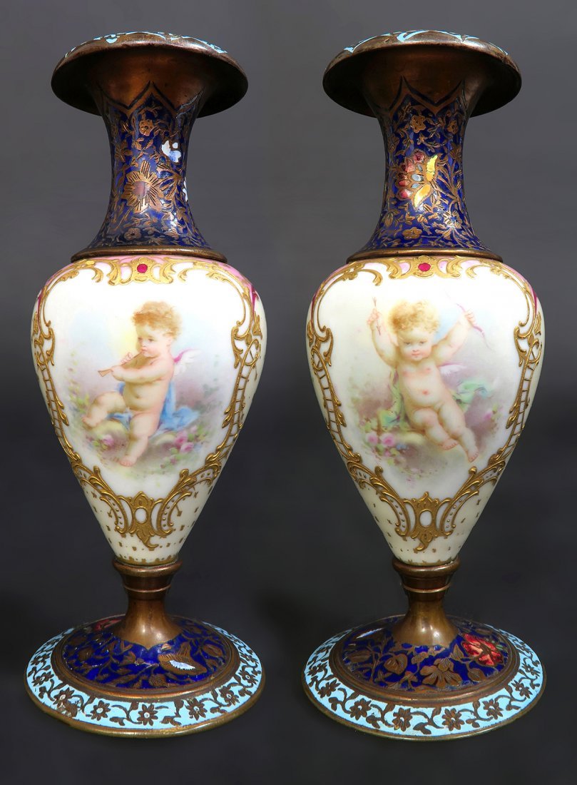 19th C French Pair of Champleve Enamel Urns/Vases (1 of 4)