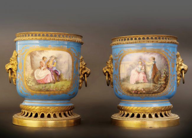 19th C. Pair of Bronze & Sevres Porcelain Planters/Jard (1 of 4)