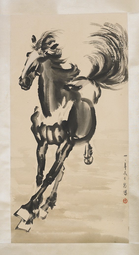 Chinese Scroll Painting of Horse: A fine Chinese scroll painting. Signed Xu Beihong, original measures 69" x 21" and sheet size is 38" x 18". We ship this item in house.