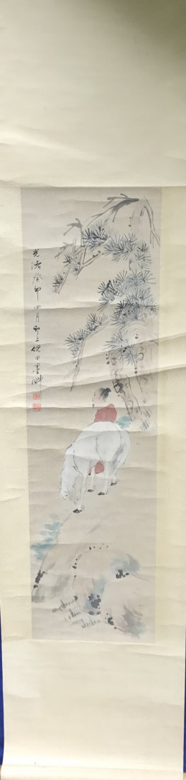 Antique Chinese Scroll Painting of Man and Horse (1 of 3)