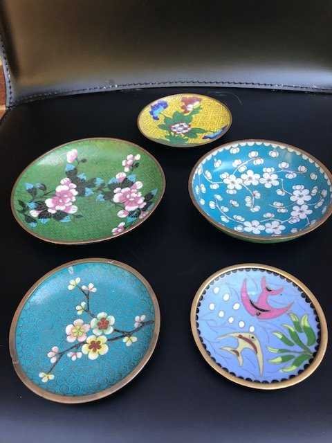 Five Chinese Small Antique Cloisonne Plates (1 of 2)