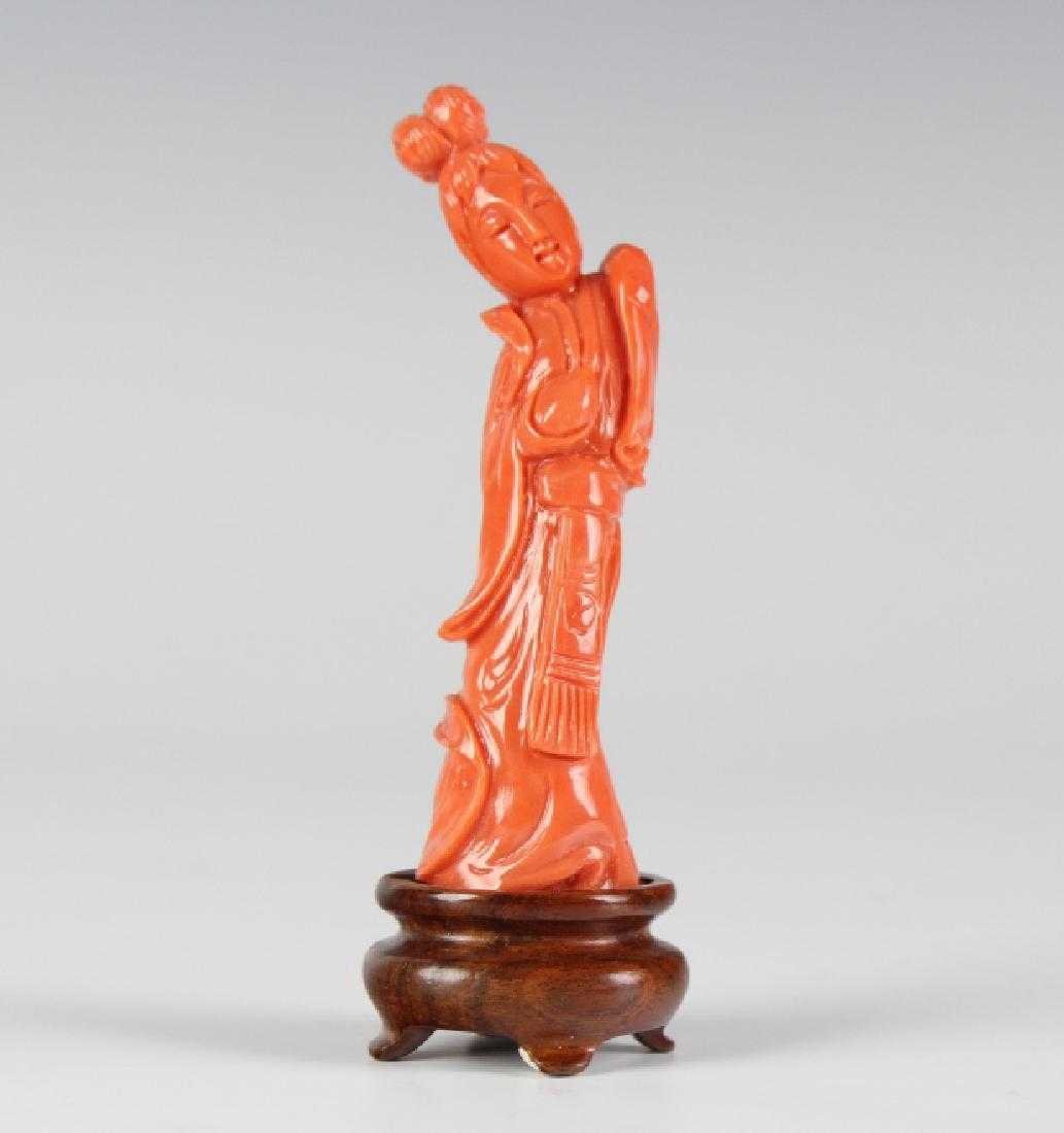 Chinese 3" Red SalmonSkin Coral Guan Yin Statue (1 of 5)