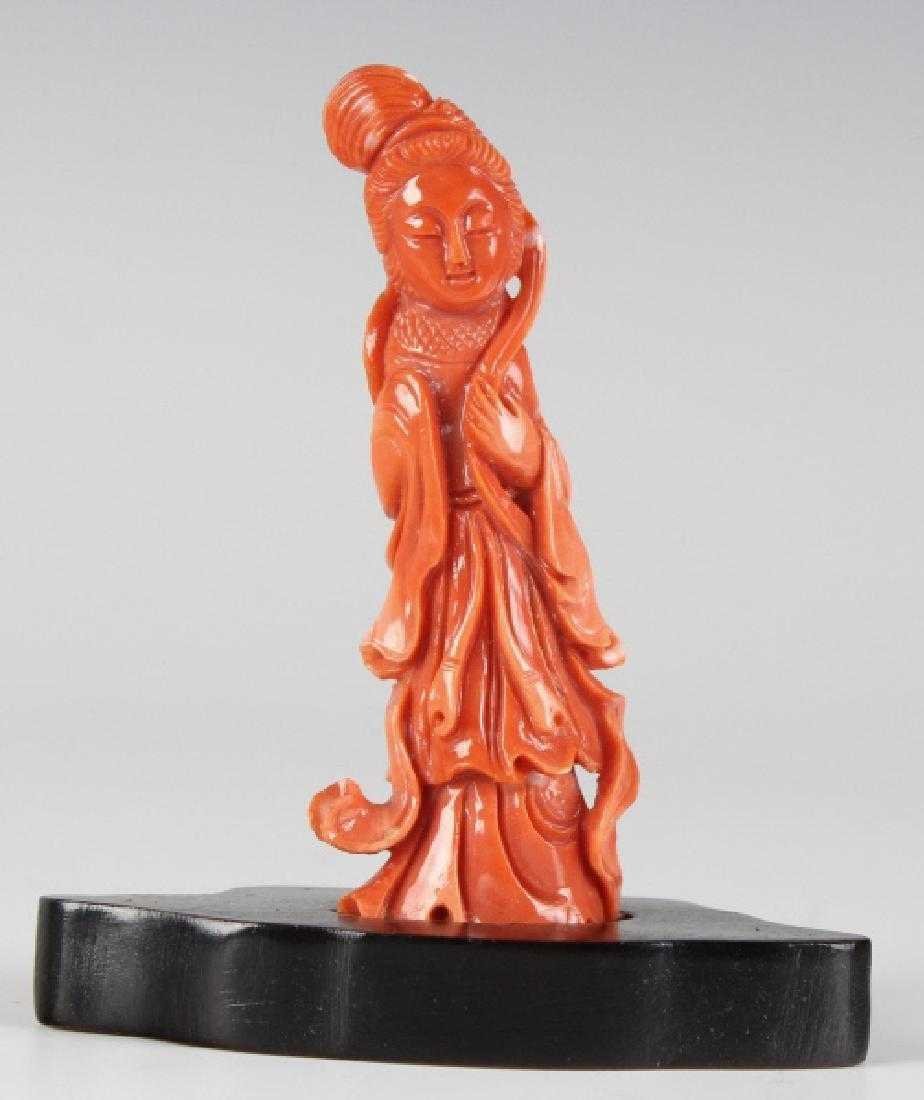 Chinese 3" Red Salmon Skin Coral Guan Yin Statue (1 of 5)