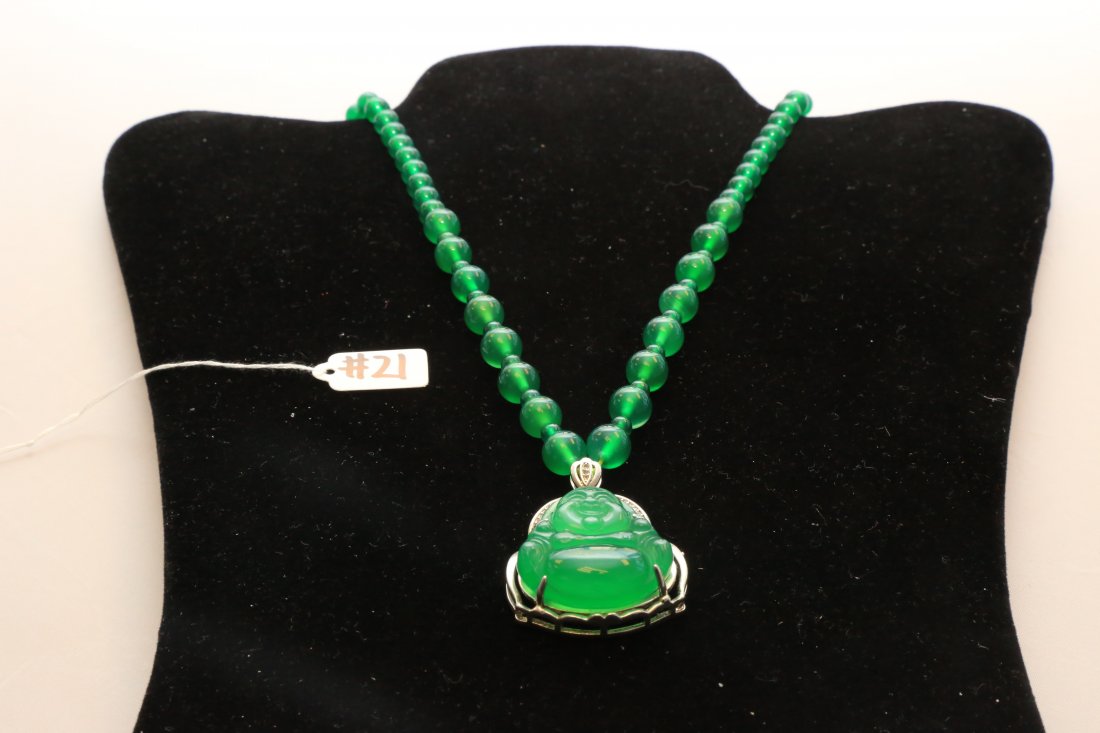 Burmese Silver Inlaid Jade Pendant w jade Bead Necklace (1 of 1)