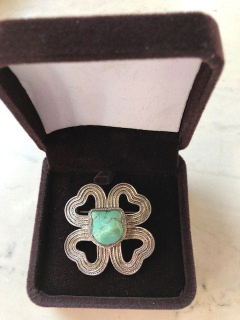 Antique Silver Brooch with Turquoise Centerpiece (1 of 2)