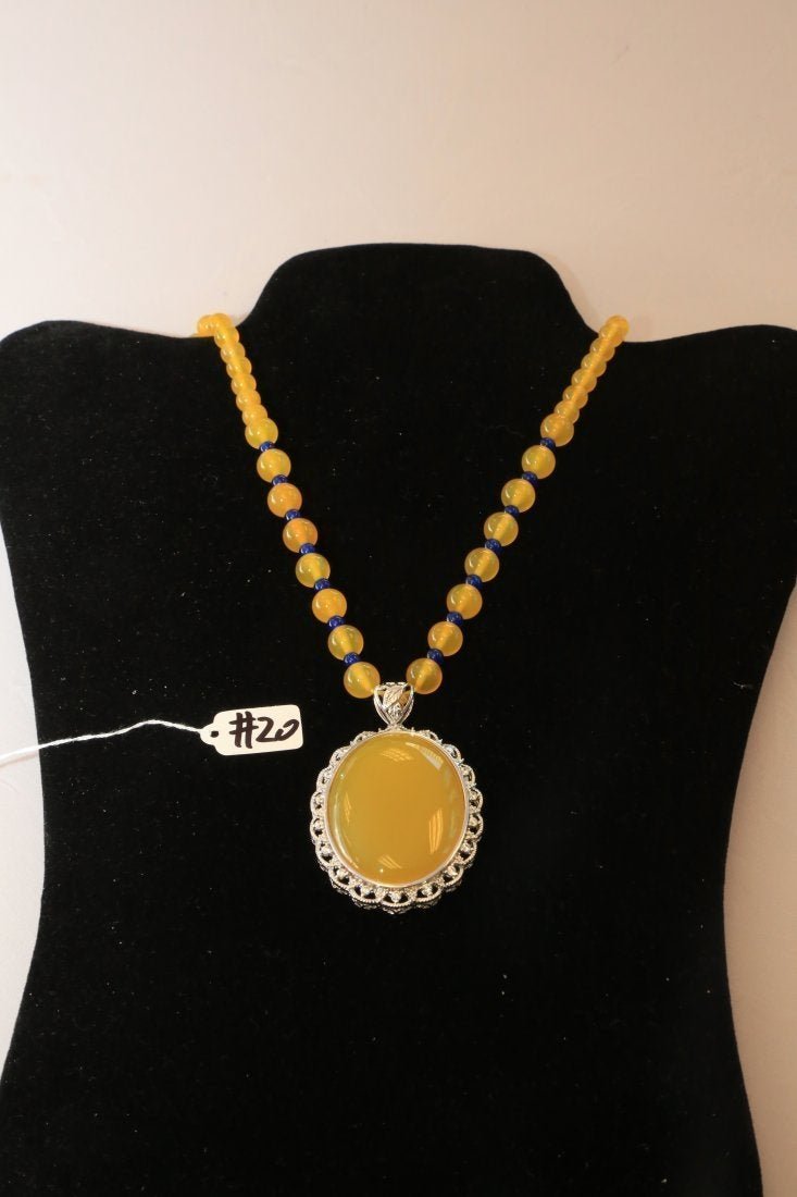 Burmese Silver Inlaid Jade Pendant w jade Bead Necklace (1 of 2)