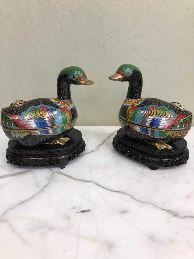 Pair of Cloisonne Duck Boxes on Wood Stands (1 of 4)