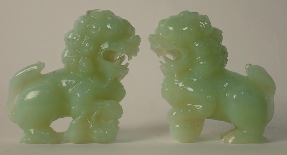 Pair of Chinese Carved Jade Green Foo Dogs / Lions (1 of 4)