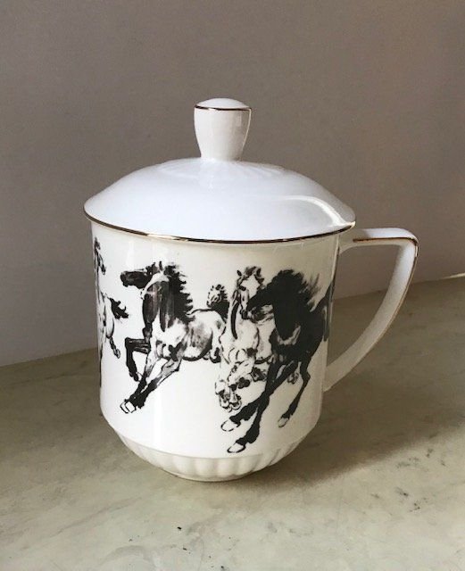 Extra Large Collector's Hand Painted Bone China Cup with Horses: Size: D: 13 cm, H: 12.5 cm. Tangshan Haigelei Brand. Donated by a jade collector for Ukraine children.