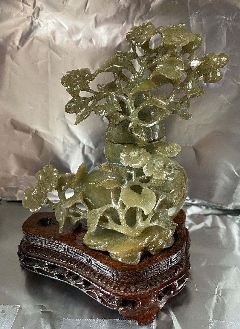 Delicately Chinese Carved Lidded Jade Flower Vase with Carved Hardwood Base (1 of 2)