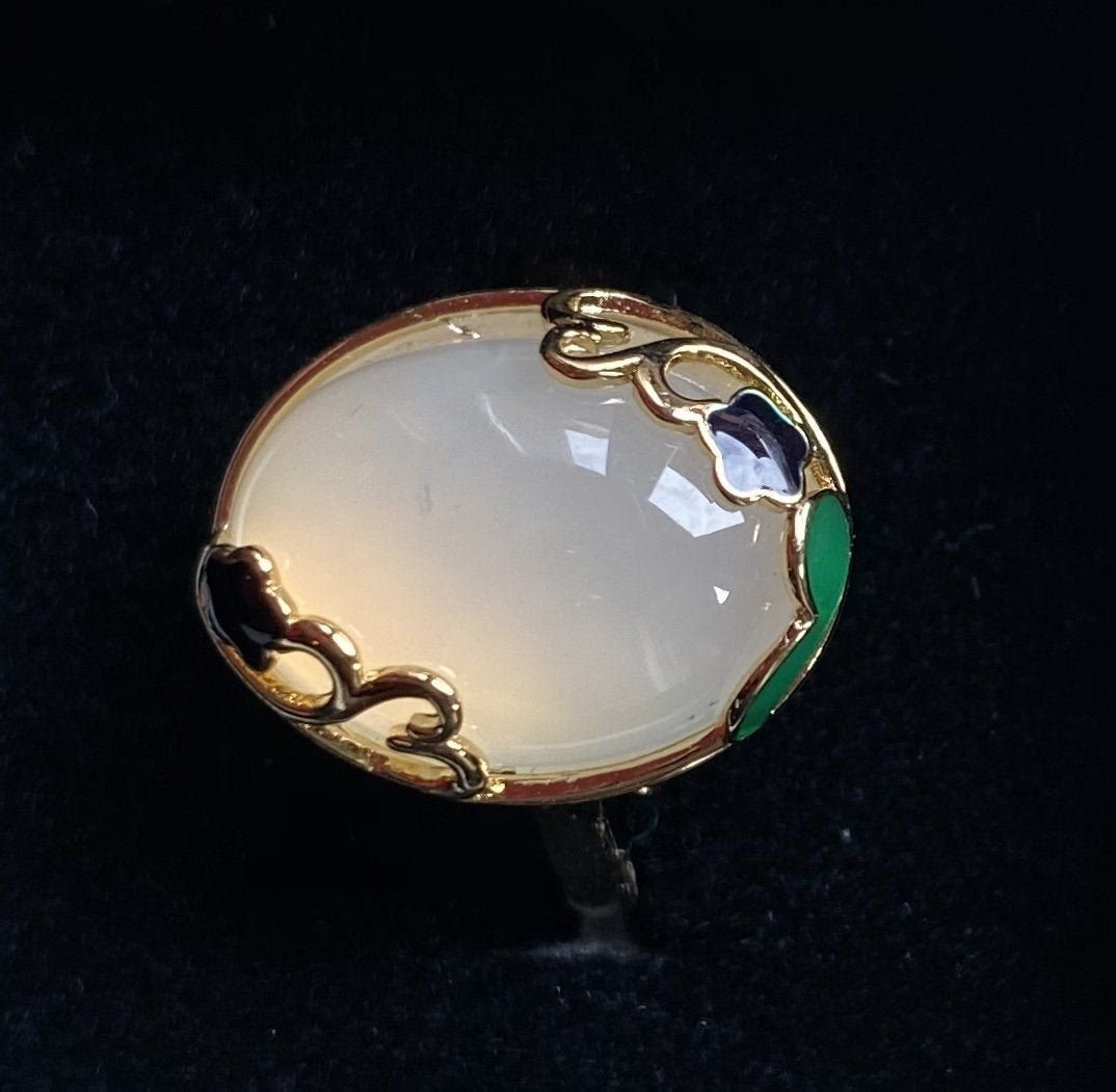 Rare Burmese Milky Jade Silver Inlaid Ring: Stone: 14mm x 12mm. Ring size is adjustable.
