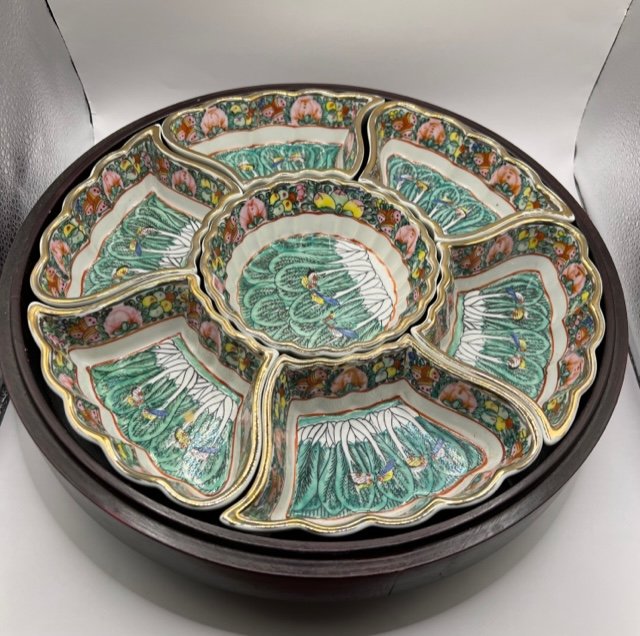 A Large Chinese Antique Hand Painted Lazy Suzan Turning plates: Size: Diameter 13", 4" H. Turning Well.