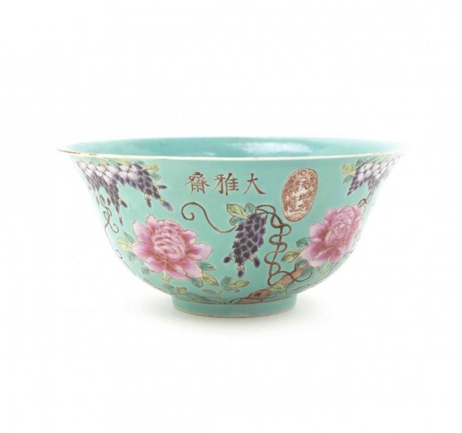 A Chinese Porcelain Bowl 大雅斋: A Chinese Turquoise Ground Porcelain Footed Bowl,having a slightly flared mouth rim with da ya zhai mark and seal, depicting bird, peony and wisteria, with Yong Qing Chang Chun mark to the underside.D