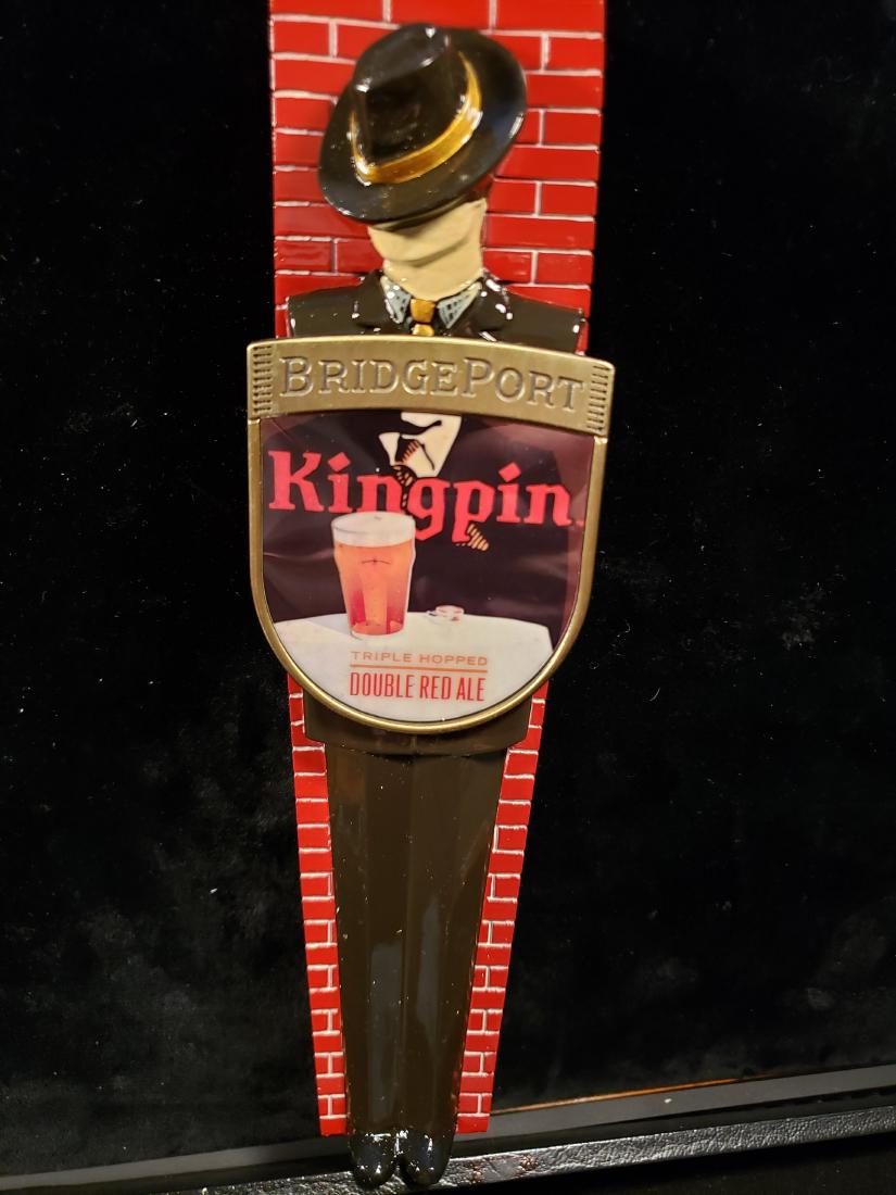 BRIDGEPORT KING PIN FIGURAL BEER TAP HANDLE: BRIDGEPORT KINGPIN DOUBLE RED ALE Triple Hopped, beer tap handle. Portland, Oregon. Opened in 1984. Closed as of March, 2019. Crafting beer The Gods would approve of for over 30 years. 7.50%ABV red al